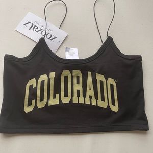 Colorado Buffaloes ZooZatz Womans skinny strap crop top, sz xs, black gold